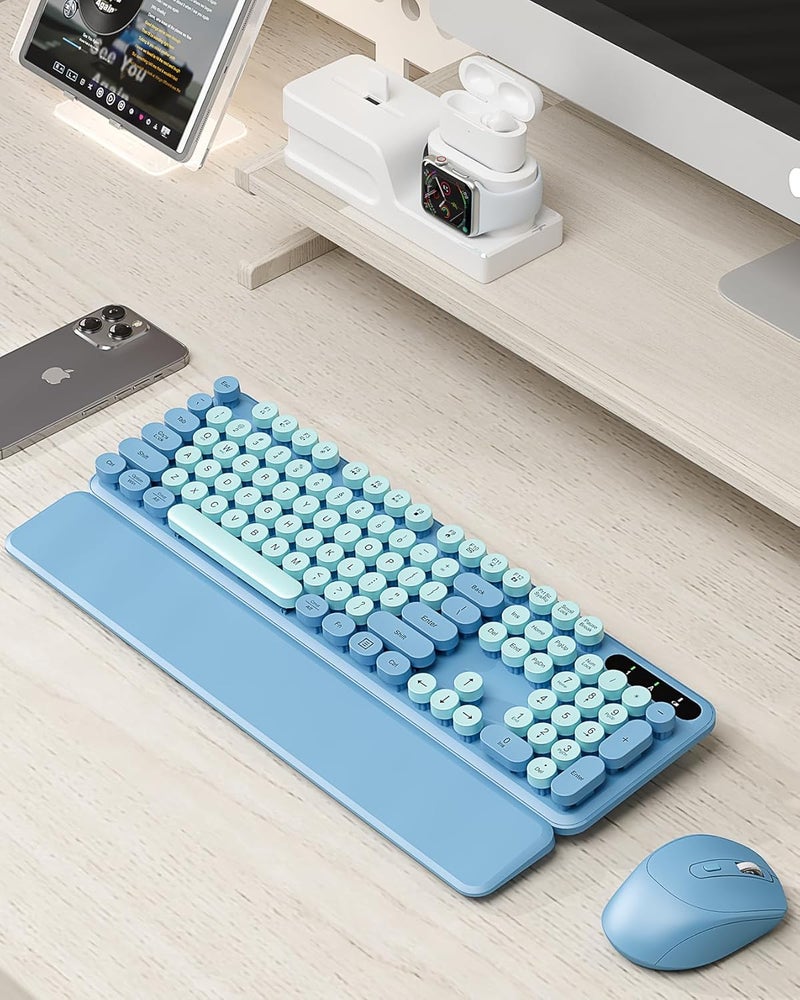 Trueque Wireless Keyboard and Mouse Combo - Cute Typewriter Keyboard with Detachable Wrist Rest, Retro Round Keycaps, Foldable Legs, 2.4GHz Full-Size for PC, Laptop, Windows - (Glacier Blue) - Image 2